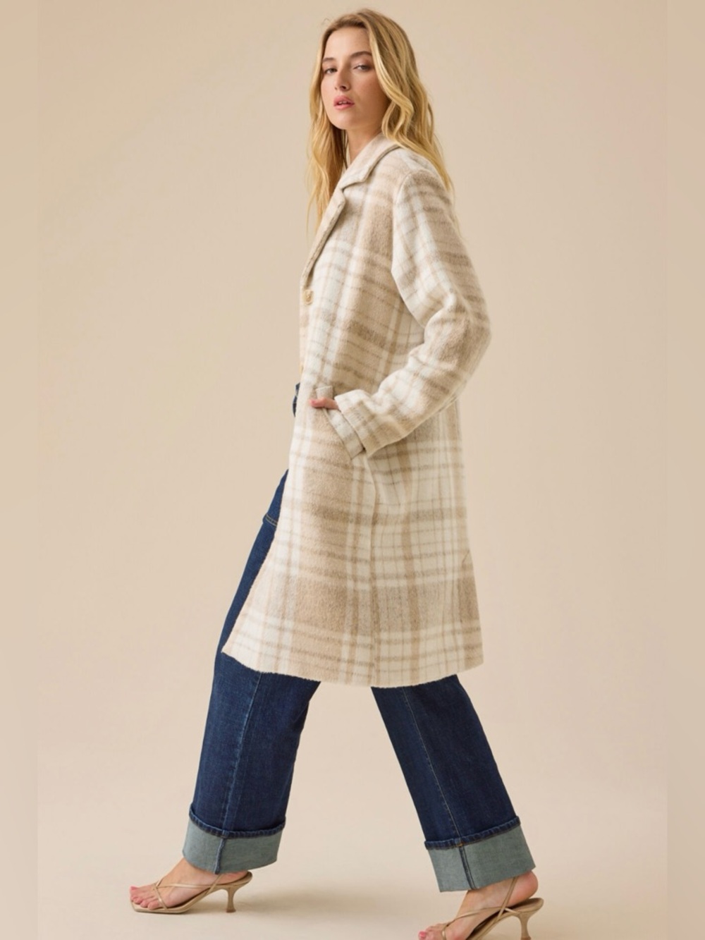 Thread & Supply Oversized Grey/Cream Plaid Long Trench Coat